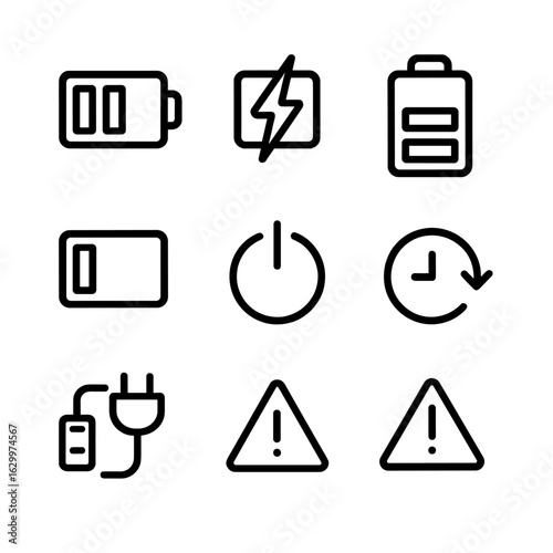 Charging Icons Set. Outline icon set of charging indicators and status: battery level, charging icon, full battery, low battery,