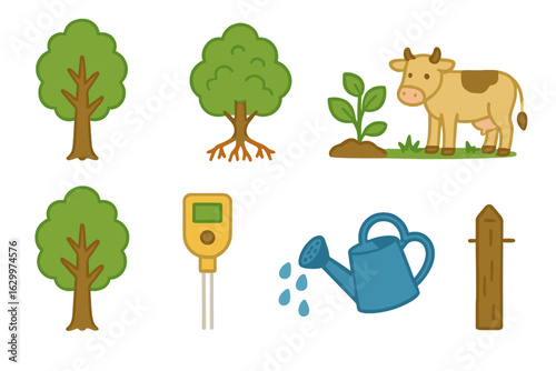 Agroforestry Kids' Icons. Flat vector mini-illustrations agroforestry system integration in colors children's illustrations: