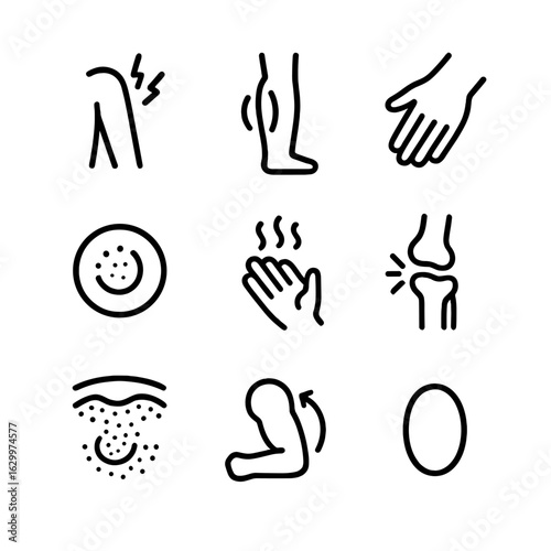 Bruise Symptoms Icons. Outline icon set of bruise symptoms: pain, swelling, tenderness, skin color change, warmth, stiffness,