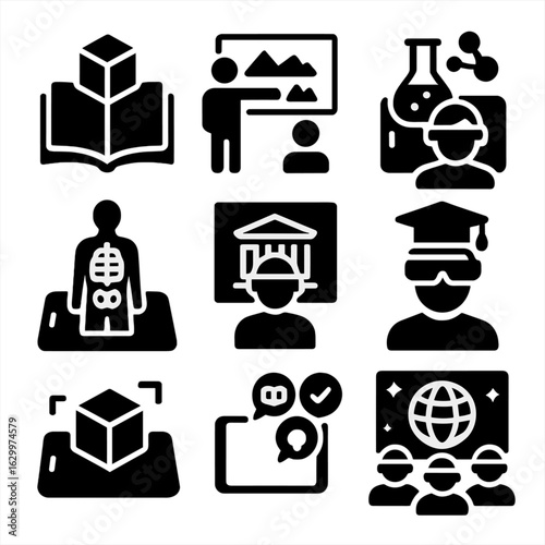 Augmented Reality Education Icons. Solid, filled icons set of augmented reality in education: AR book,