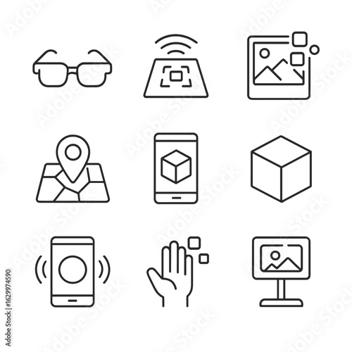 Augmented Reality Icons. Outline icon set of augmented reality art: AR glasses, marker scanning, overlay