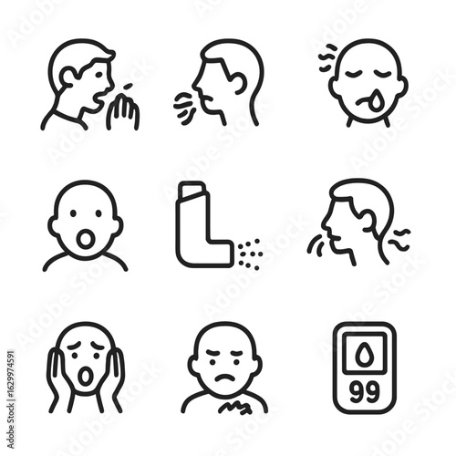Breathing Difficulties Icons. Outline icon set of breathing difficulties: coughing, wheezing, blocked nose, gasping, asthma