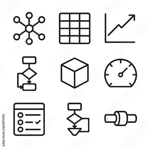 AI Concept Icon Set. Outline icon set of AI and machine learning concepts: neural network node, dataset table, training graph,