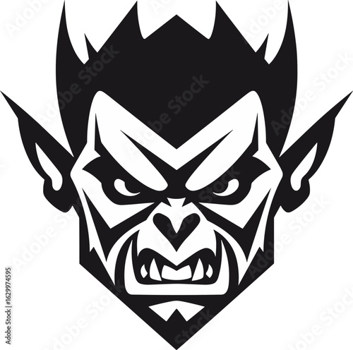 Menacing Creature Head Vector Graphic: Aggressive Monster Emblem with Sharp Fangs, Ideal for Sports Mascots, Gaming, or Dark Fantasy Themes.