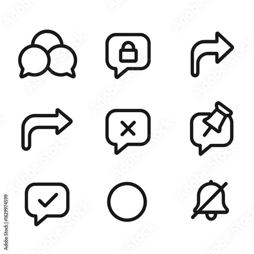Chat Features Icons. Outline icon set of chat features: group chat, private message, message reply, message forward, message