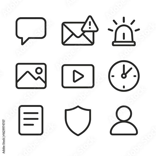 Alert Icon Set. Outline icon set of alerts and notifications: push notification, email alert envelope, siren soundwave, snapshot