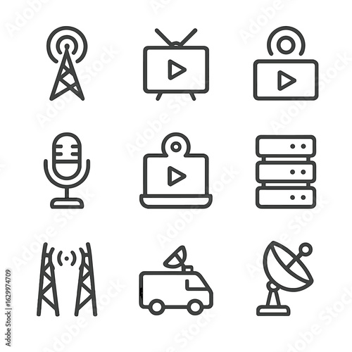 Broadcast Icon Set. Outline icon set of broadcast transmitters: FM radio tower, TV broadcast antenna, live streaming, podcast