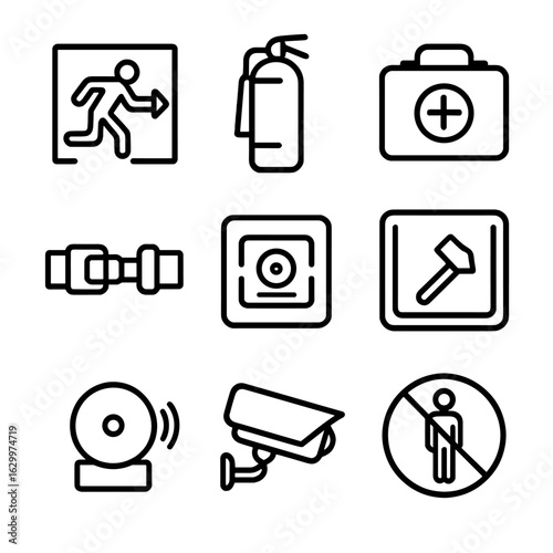 Bus Safety Icons. Outline icon set of safety and emergency on bus: emergency exit sign, fire extinguisher, first aid kit, seatbelt