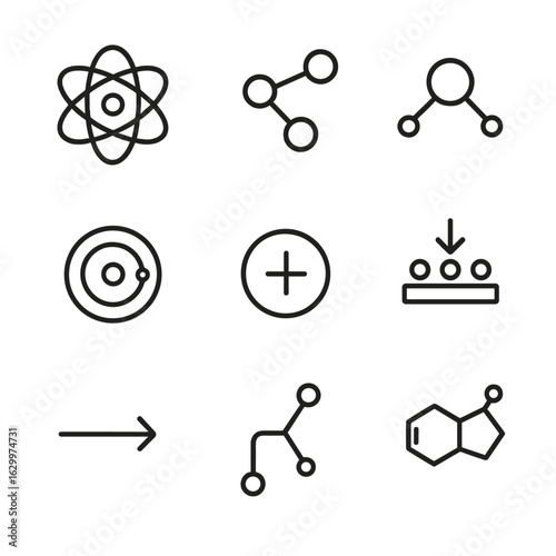 Chemical Structure Icons. Outline icon set of chemical structures: atomic model, molecule, bond, electron shell, ion, catalyst,
