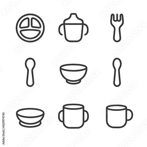 Children's Dinnerware Icons. Outline icon set of children’s dinnerware: divided plate, sippy cup, plastic fork, baby spoon,