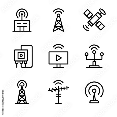 Broadcast Modulation Icons. Outline icon set of modulation in broadcasting: radio station, TV transmitter, satellite uplink, cable