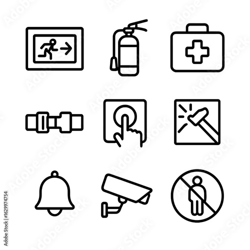 Bus Safety Icons. Outline icon set of safety and emergency on bus: emergency exit sign, fire extinguisher, first aid kit, seatbelt