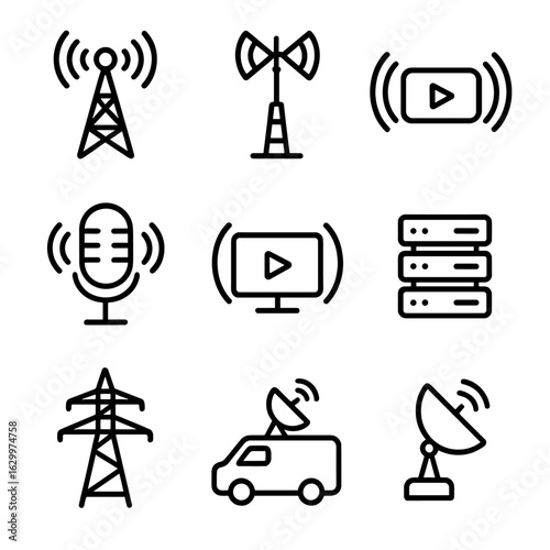 Broadcast Icon Set. Outline icon set of broadcast transmitters: FM radio tower, TV broadcast antenna, live streaming, podcast