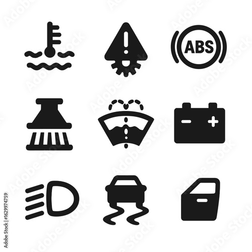 Automotive Dashboard Icons. Solid, filled icons set of Automotive dashboard notifications: engine temperature,