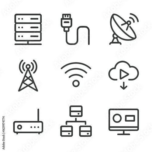 Broadcast Network Icons. Outline icon set of broadcast networks: server rack, network cable, satellite dish, signal tower, Wi-Fi,