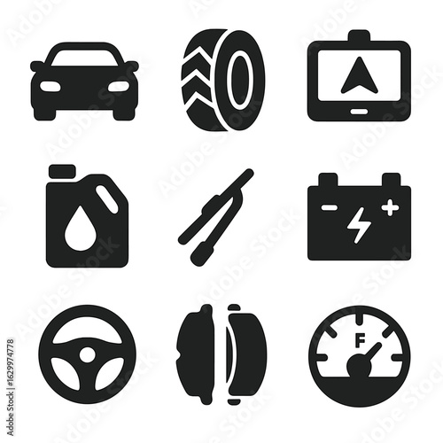 Automotive Icons Grid. Solid, filled icons set of Automotive product reviews: car, tire, GPS device, motor oil