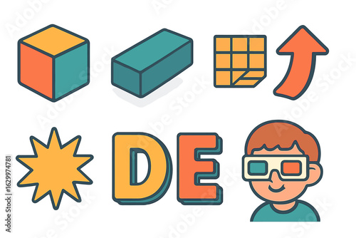 3D Alphabet Adventure. Flat vector mini-illustrations 3D block lettering in colors children's illustrations: cube-shaped letter,