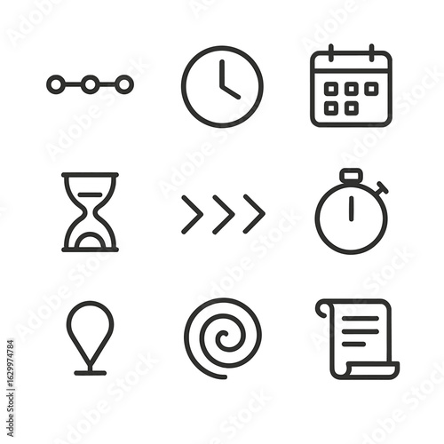 Chronology Icons Grid. Outline icon set of chronology: timeline, clock, calendar, hourglass, arrow sequence, stopwatch, milestone