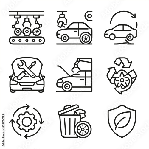 Automotive Lifecycle Icons. Outline icon set of automotive parts lifecycle: production line, car assembly,