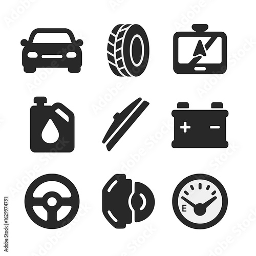Automotive Icons Grid. Solid, filled icons set of Automotive product reviews: car, tire, GPS device, motor oil