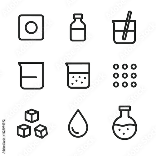 Chemical Icon Grid. Outline icon set of chemical dissolution: solute, solvent, stirring, beaker, solution, particles, salt, water