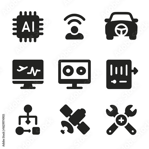 Autonomous Docking Icons. Solid, filled icons set of autonomous docking systems: AI chip, proximity sensor,