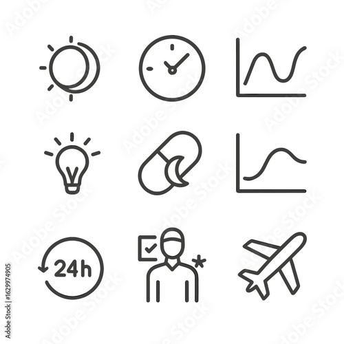 Circadian Rhythm Icons. Outline icon set of circadian rhythm: sun and moon cycle, body clock icon, hormone graph, light exposure