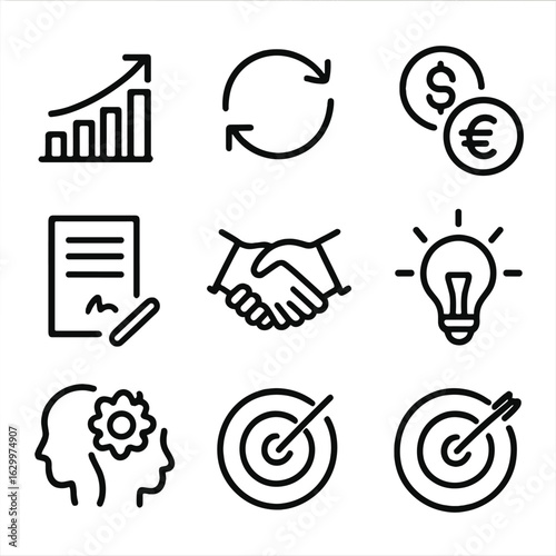 Business Change Icons. Outline icon set of change in business: growth chart, arrows in circle, exchange, currency conversion,