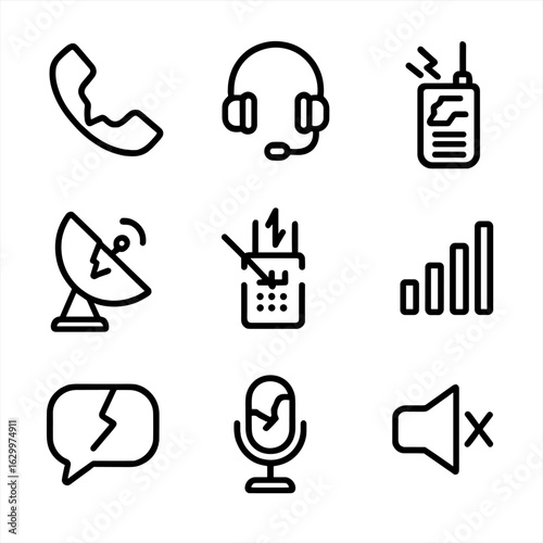 Broken Communication Icons. Outline icon set of broken communication: broken phone, disconnected headset, cracked walkie-talkie,