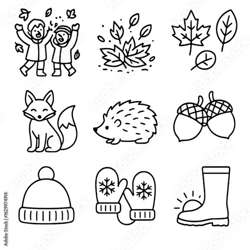 Autumn Fun Icons. Outline icon set of Playful autumn moments: kids throwing leaves, crunchy leaves, red and