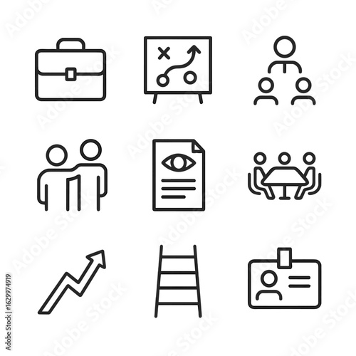 Business Icons Grid. Outline icon set of business succession: briefcase, strategy board, leadership chart, mentorship icon, vision