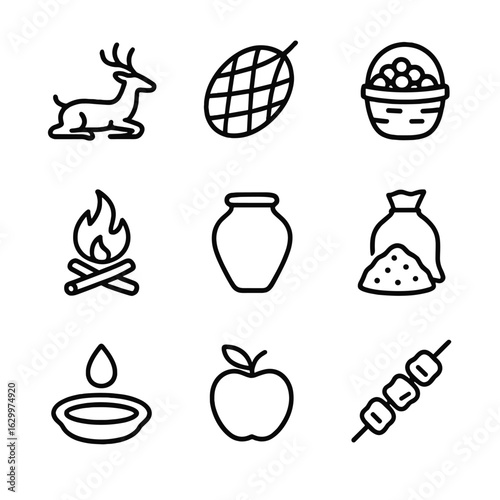 Clan Resource Icons. Outline icon set of clan food and resources: hunted deer, fishing net, basket of berries, fire pit, pottery