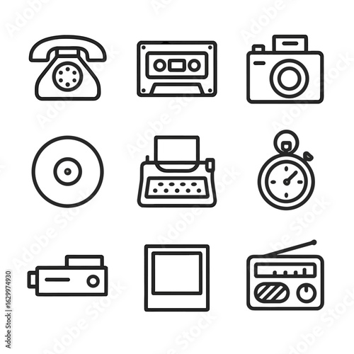 Analog Tech Icons. Outline icon set of analog technology classics: rotary telephone, cassette tape, film camera, vinyl record,