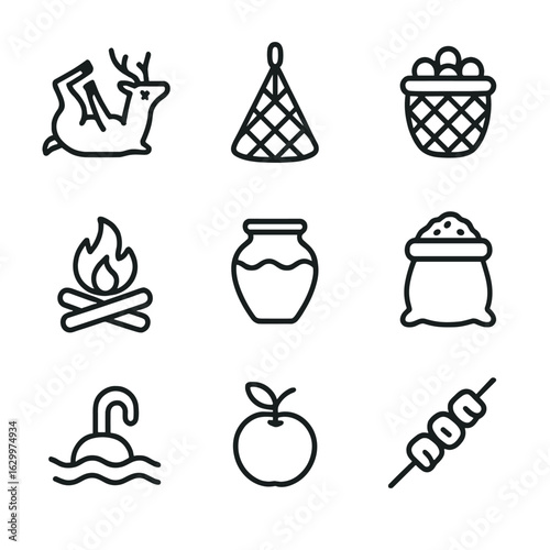 Clan Resource Icons. Outline icon set of clan food and resources: hunted deer, fishing net, basket of berries, fire pit, pottery