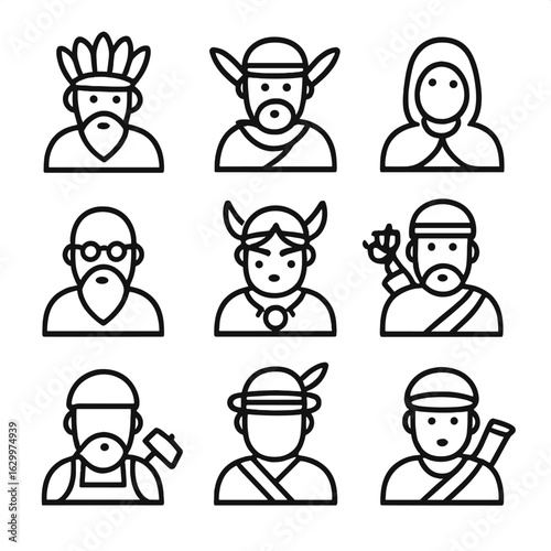 Clan Role Icons. Outline icon set of clan members and roles: chief, warrior, scout, elder, shaman, archer, blacksmith, hunter,