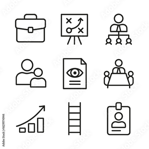 Business Icons Grid. Outline icon set of business succession: briefcase, strategy board, leadership chart, mentorship icon, vision