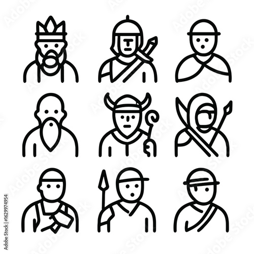 Clan Role Icons. Outline icon set of clan members and roles: chief, warrior, scout, elder, shaman, archer, blacksmith, hunter,