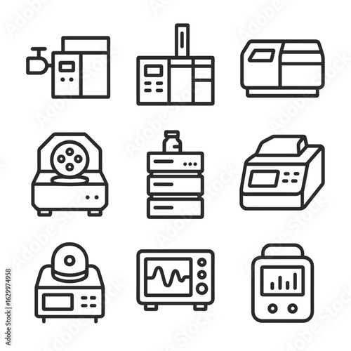 Analytical Instruments Icons. Outline icon set of analytical instrumentation: mass spectrometer, gas chromatograph,
