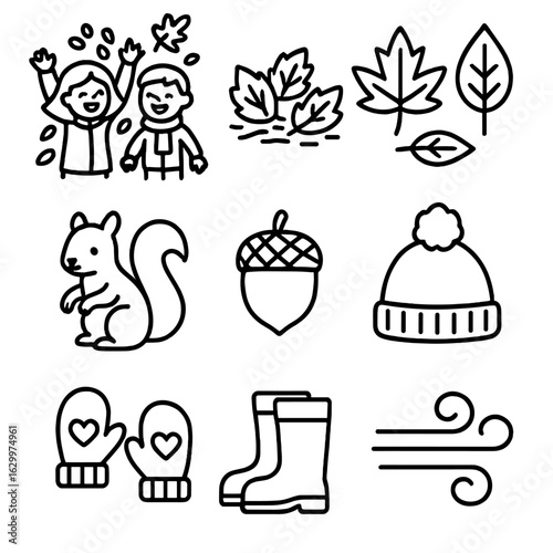 Autumn Fun Icons. Outline icon set of Playful autumn moments: kids throwing leaves, crunchy leaves, red and