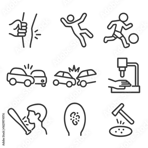 Bruise Causes Icons. Outline icon set of bruise causes: blunt trauma, fall impact, sports injury, bump, accident, collision, crush