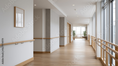 Spacious and bright corridor in a modern care or medical facility with handrails
