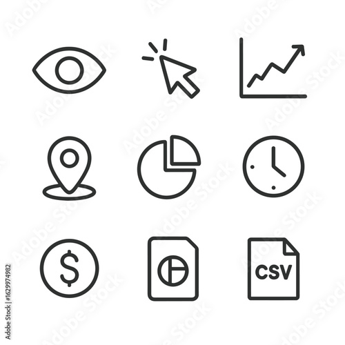 Analytics Icon Set. Outline icon set of analytics and tracking: view count eye, click-rate pointer, conversion graph, session