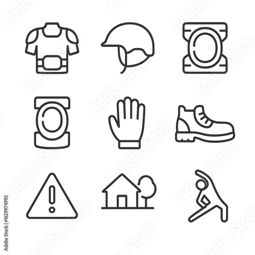 Bruise Prevention Icons. Outline icon set of bruise prevention: protective gear, helmet, knee pads, elbow pads, gloves, safety