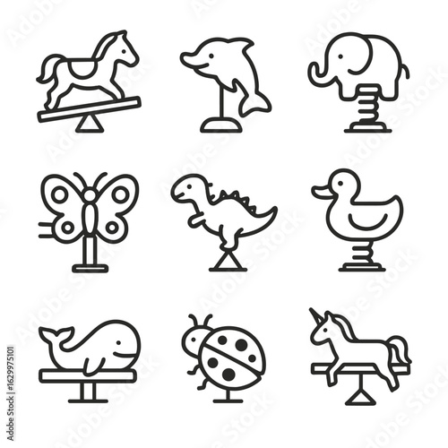 Animal Seesaw Icons. Outline icon set of animal-themed seesaw designs: horse-shaped seesaw, dolphin rocker, elephant spring rider,