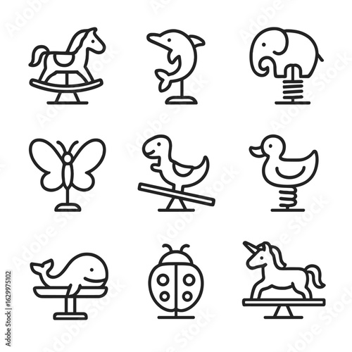 Animal Seesaw Icons. Outline icon set of animal-themed seesaw designs: horse-shaped seesaw, dolphin rocker, elephant spring rider,