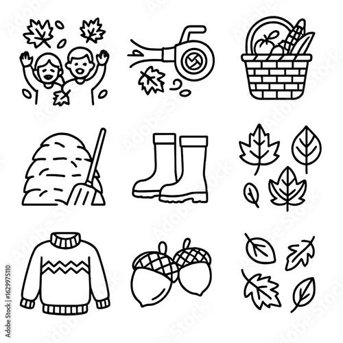 Autumn Playtime Icons. Outline icon set of Fall season playtime: children with leaves, leaf blower, harvest