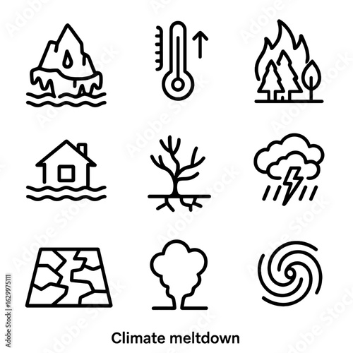 Climate Crisis Icons. Outline icon set of climate meltdown: melting iceberg, rising thermometer, wildfire, flooding, drought,