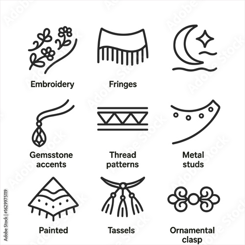 Cloak Decorations Icons. Outline icon set of cloak details and decorations: embroidery patterns, fringes, mystical symbols,