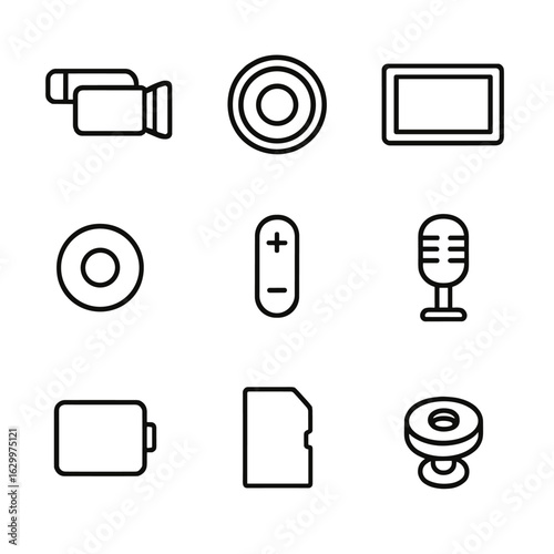 Camcorder Icon Set. Outline icon set of camcorder basics: handheld camcorder, lens, viewfinder, record button, zoom control,