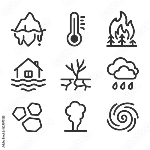 Climate Crisis Icons. Outline icon set of climate meltdown: melting iceberg, rising thermometer, wildfire, flooding, drought,